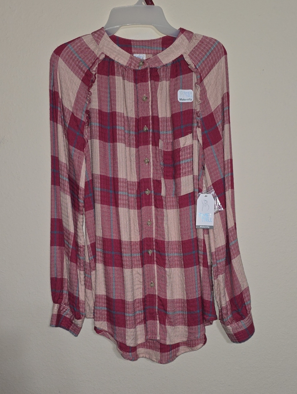 NWT Time And Tru Plaid Button Maternity Top Burgandy Multiple Sizes Available